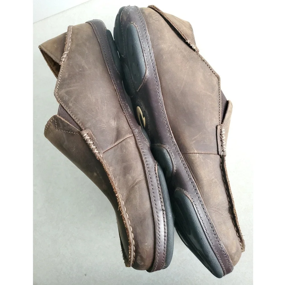 OluKai Moloa Slip On Shoes Dark Wood Leather Comfort Casual Loafers Mens 13